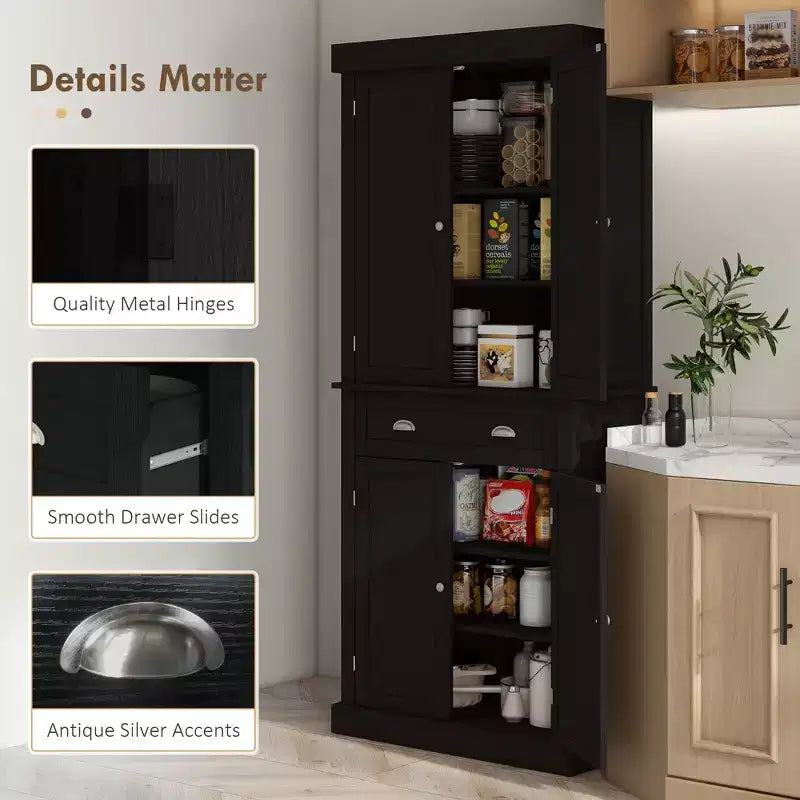 Armoire de cuisine de 72,5 po, Armoire de rangement pour garde-manger avec portes et étagères, Armoire de garde-manger sur pied en grain de bois