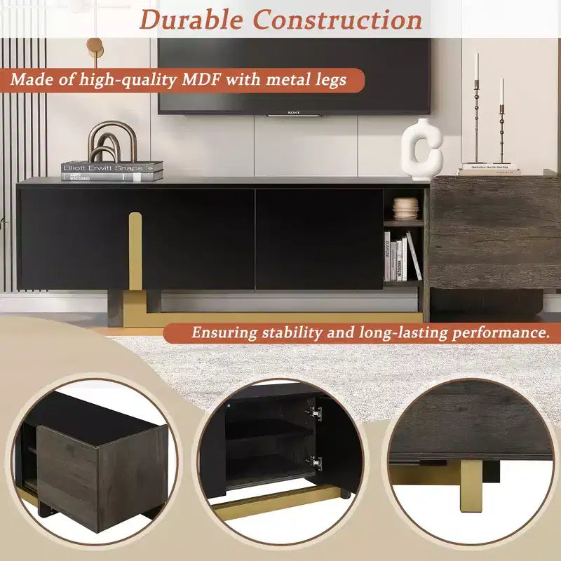 Meuble TV de luxe Bestier de 170 cm pour téléviseurs jusqu'à 70 pouces, meuble TV moderne avec pieds en métal, 1 tiroir, 2 armoires pour salon