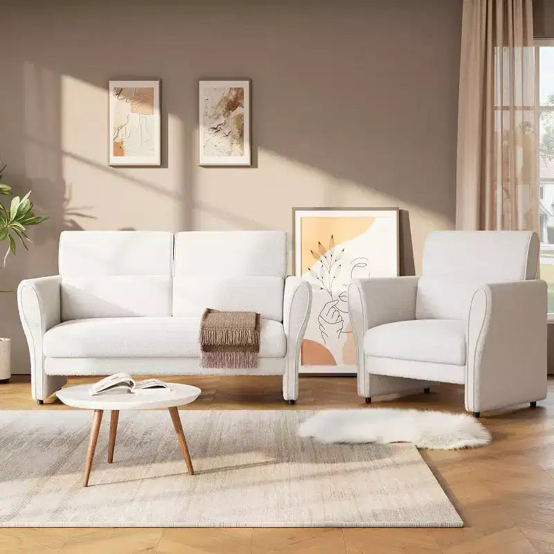 Fauteuil d'appoint moderne avec accoudoirs, petit canapé moderne en bouclette, coussins lombaires amovibles, assemblage facile, pour salon, chambre
