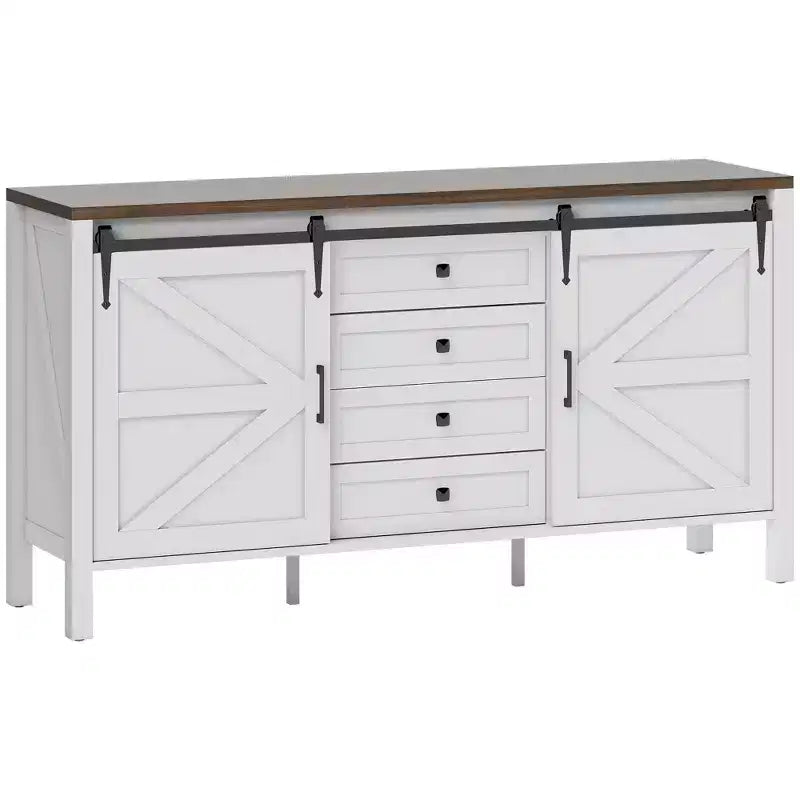 59 Buffet Cabinet, Farmhouse Sideboard with Thick Top, 2 Barn Doors, 4 Drawers and 2 Adjustable Shelves
