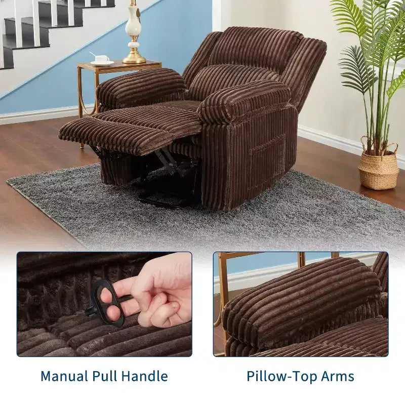 Fauteuil inclinable en velours côtelé, canapé inclinable manuel avec poignée, accoudoirs à dossier, rembourrage épais, poche latérale, capacité de 180 kg, inclinable réglable