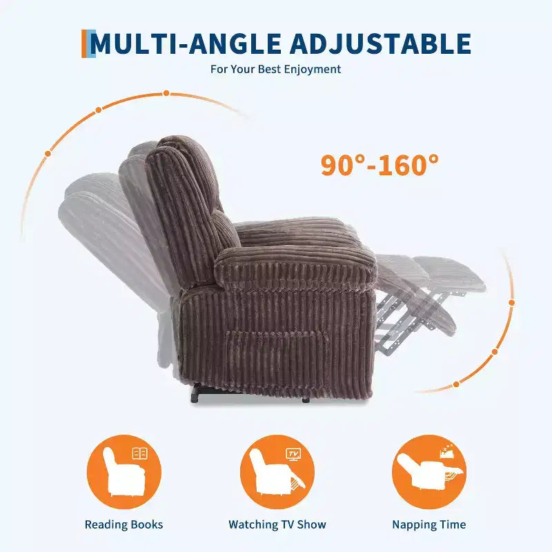Fauteuil inclinable en velours côtelé, canapé inclinable manuel avec poignée, accoudoirs à dossier, rembourrage épais, poche latérale, capacité de 180 kg, inclinable réglable