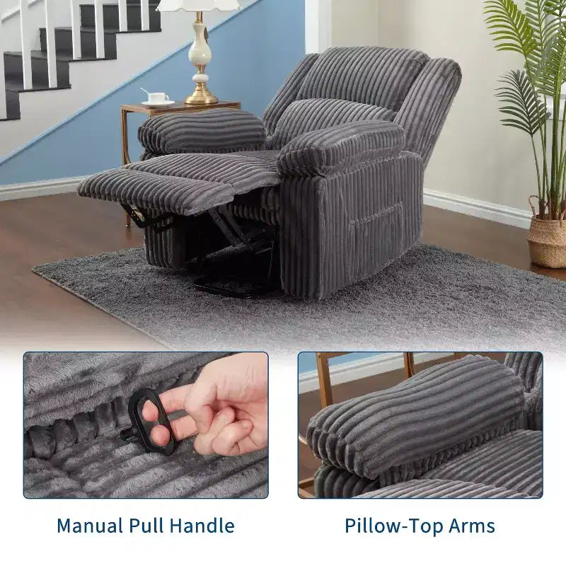 Fauteuil inclinable en velours côtelé, canapé inclinable manuel avec poignée, accoudoirs à dossier, rembourrage épais, poche latérale, capacité de 180 kg, inclinable réglable