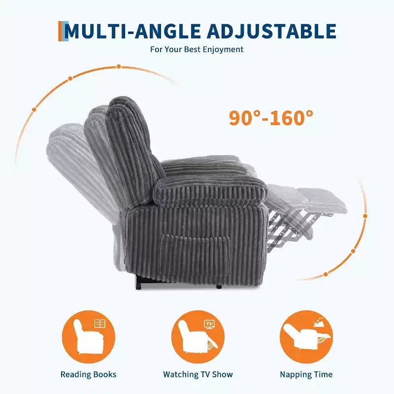 Fauteuil inclinable en velours côtelé, canapé inclinable manuel avec poignée, accoudoirs à dossier, rembourrage épais, poche latérale, capacité de 180 kg, inclinable réglable