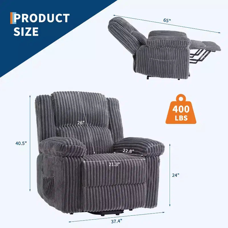 Fauteuil inclinable en velours côtelé, canapé inclinable manuel avec poignée, accoudoirs à dossier, rembourrage épais, poche latérale, capacité de 180 kg, inclinable réglable