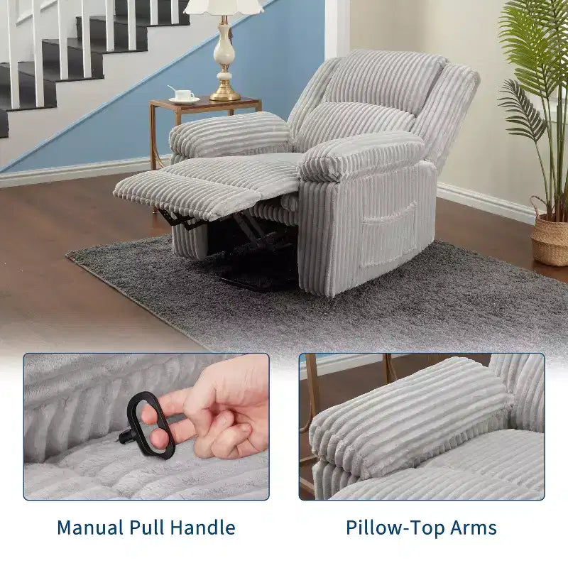 Fauteuil inclinable en velours côtelé, canapé inclinable manuel avec poignée, accoudoirs à dossier, rembourrage épais, poche latérale, capacité de 180 kg, inclinable réglable
