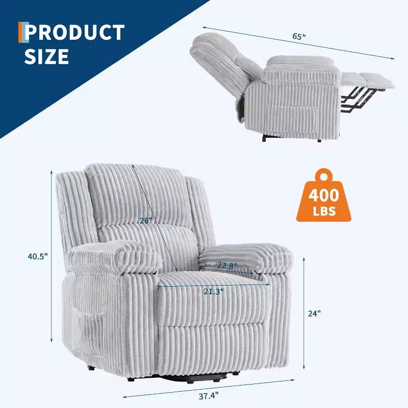 Fauteuil inclinable en velours côtelé, canapé inclinable manuel avec poignée, accoudoirs à dossier, rembourrage épais, poche latérale, capacité de 180 kg, inclinable réglable