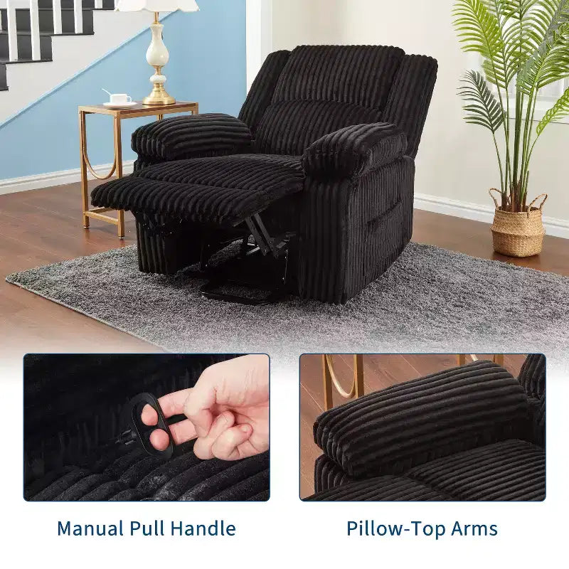Fauteuil inclinable en velours côtelé, canapé inclinable manuel avec poignée, accoudoirs à dossier, rembourrage épais, poche latérale, capacité de 180 kg, inclinable réglable