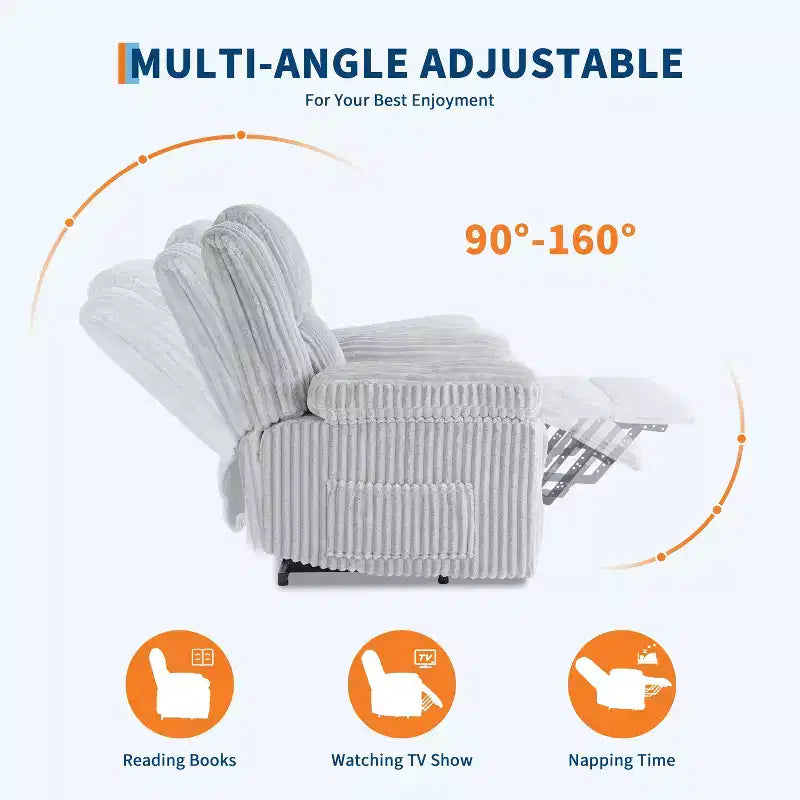 Fauteuil inclinable en velours côtelé, canapé inclinable manuel avec poignée, accoudoirs à dossier, rembourrage épais, poche latérale, capacité de 180 kg, inclinable réglable