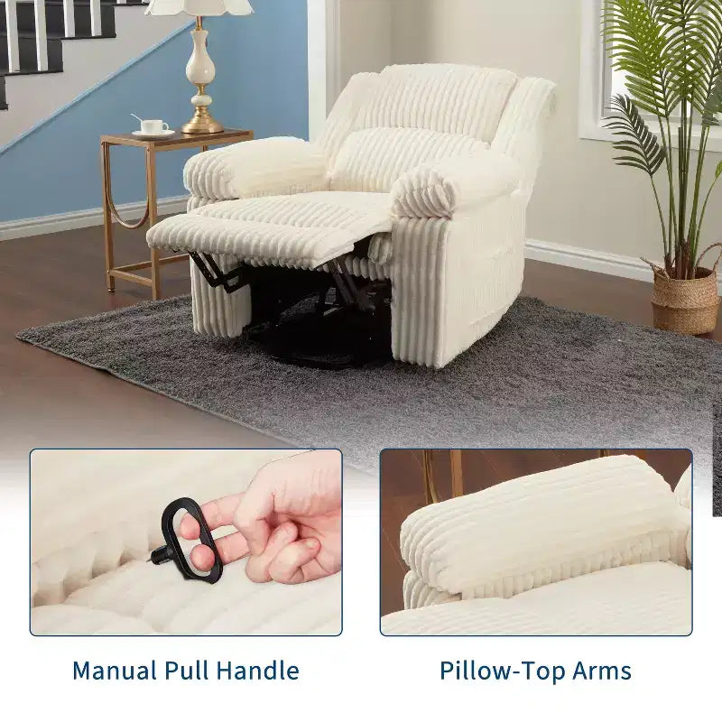 Fauteuil inclinable en velours côtelé, canapé inclinable manuel avec poignée, accoudoirs à dossier, rembourrage épais, poche latérale, capacité de 180 kg, inclinable réglable