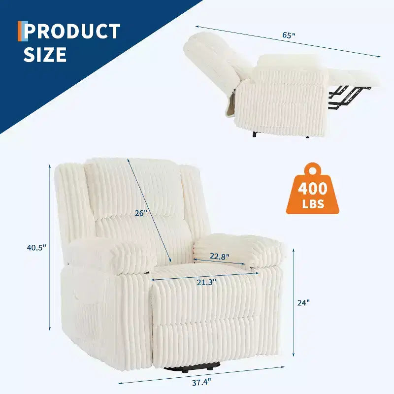 Fauteuil inclinable en velours côtelé, canapé inclinable manuel avec poignée, accoudoirs à dossier, rembourrage épais, poche latérale, capacité de 180 kg, inclinable réglable