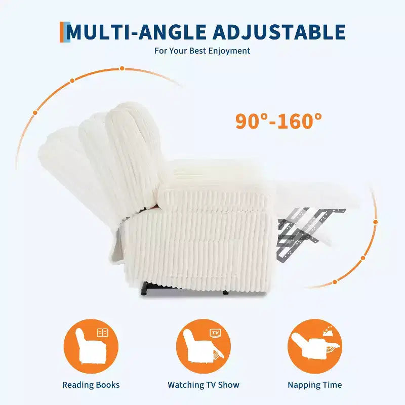 Fauteuil inclinable en velours côtelé, canapé inclinable manuel avec poignée, accoudoirs à dossier, rembourrage épais, poche latérale, capacité de 180 kg, inclinable réglable