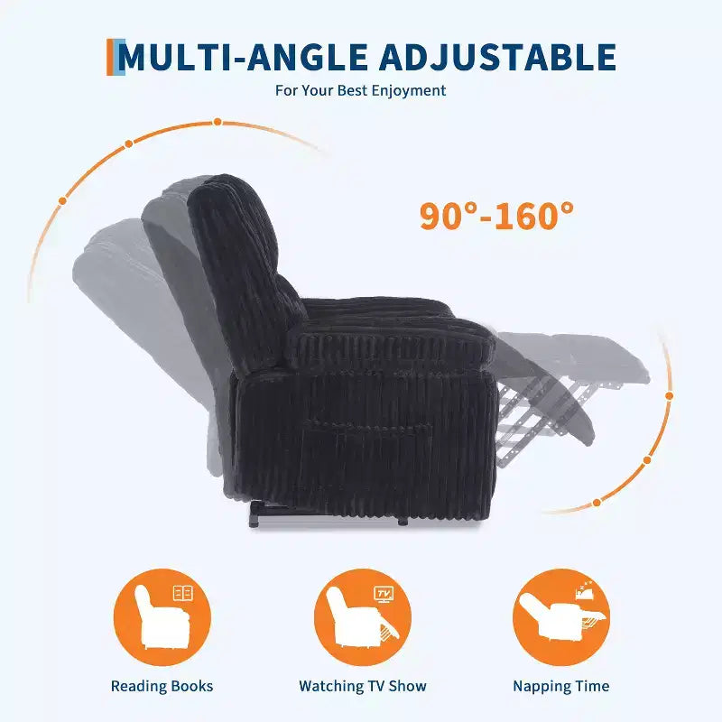 Fauteuil inclinable en velours côtelé, canapé inclinable manuel avec poignée, accoudoirs à dossier, rembourrage épais, poche latérale, capacité de 180 kg, inclinable réglable