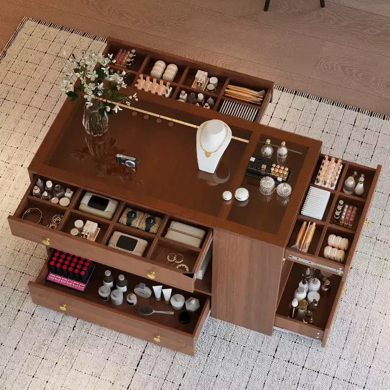 Îlot de rangement avec 6 tiroirs, commode blanche avec dessus en verre pour chambre à coucher, présentoir central à bijoux, îlot de rangement pour dressing/garde-robe