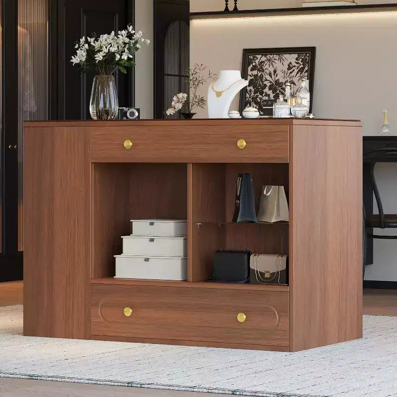 Îlot de rangement avec 6 tiroirs, commode blanche avec dessus en verre pour chambre à coucher, présentoir central à bijoux, îlot de rangement pour dressing/garde-robe