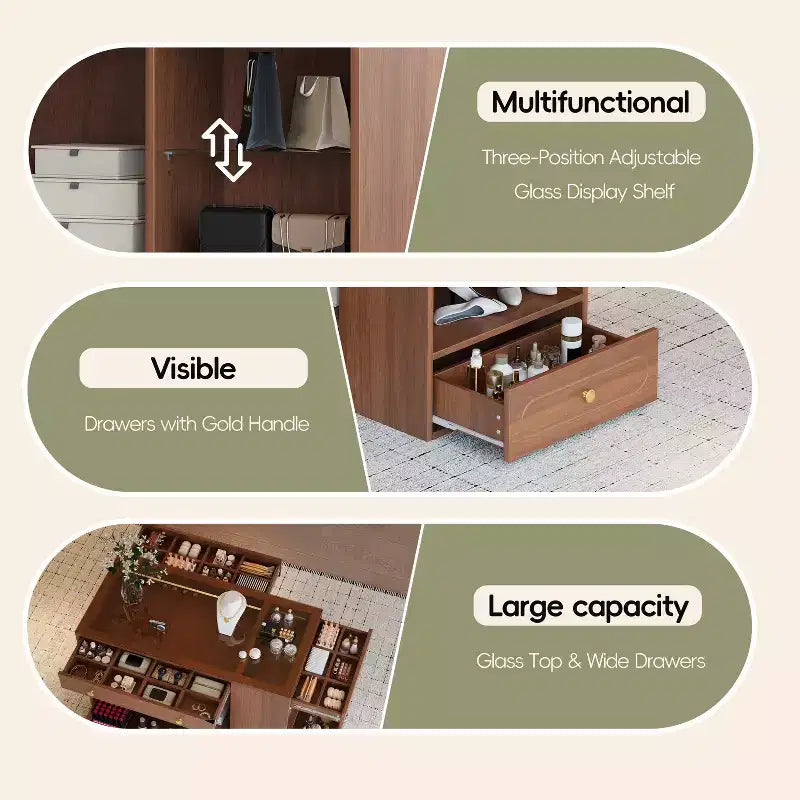 Îlot de rangement avec 6 tiroirs, commode blanche avec dessus en verre pour chambre à coucher, présentoir central à bijoux, îlot de rangement pour dressing/garde-robe