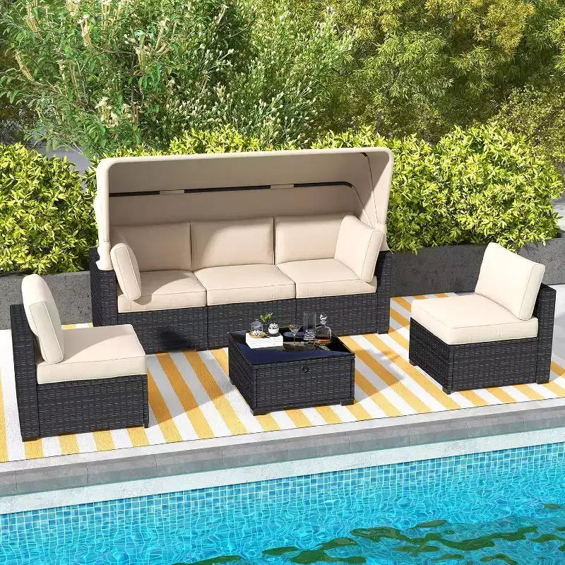 6-Piece Outdoor Patio Furniture Set with PE Wicker Sectional Sofa, Waterproof Cushions, Reinforced Glass Table & Canopy, Durable