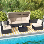 6-Piece Outdoor Patio Furniture Set with PE Wicker Sectional Sofa, Waterproof Cushions, Reinforced Glass Table & Canopy, Durable