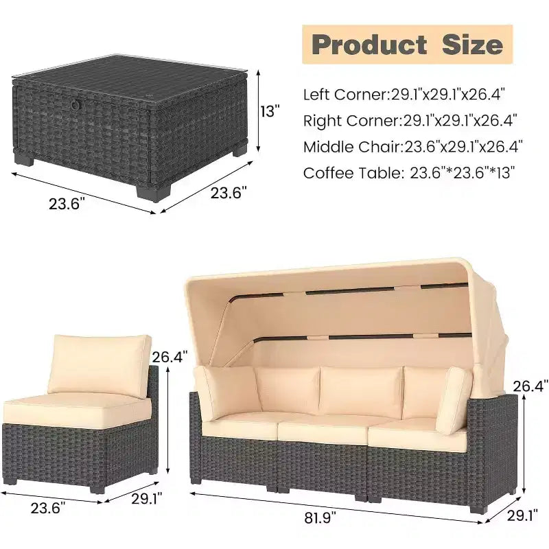 Ensemble de mobilier de jardin 6 pièces avec canapé modulable en résine tressée, coussins imperméables, table en verre renforcé et auvent, durable