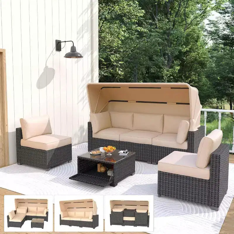Ensemble de mobilier de jardin 6 pièces avec canapé modulable en résine tressée, coussins imperméables, table en verre renforcé et auvent, durable
