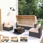 Ensemble de mobilier de jardin 6 pièces avec canapé modulable en résine tressée, coussins imperméables, table en verre renforcé et auvent, durable
