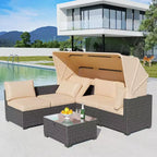 Ensemble de mobilier de jardin 6 pièces avec canapé modulable en résine tressée, coussins imperméables, table en verre renforcé et auvent, durable