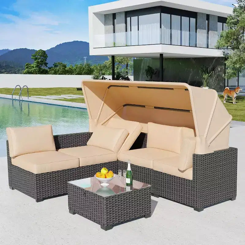 Ensemble de mobilier de jardin 6 pièces avec canapé modulable en résine tressée, coussins imperméables, table en verre renforcé et auvent, durable