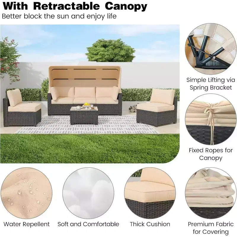 Ensemble de mobilier de jardin 6 pièces avec canapé modulable en résine tressée, coussins imperméables, table en verre renforcé et auvent, durable
