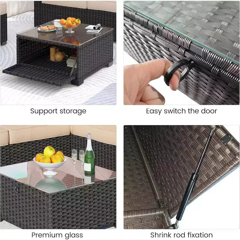 Ensemble de mobilier de jardin 6 pièces avec canapé modulable en résine tressée, coussins imperméables, table en verre renforcé et auvent, durable