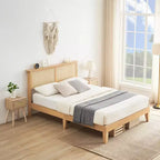 Cadre de lit en bois de rotin arqué avec tête et pied de lit, tête de lit capitonnée moderne avec support de lattes en bois solides, aucun sommier tapissier requis