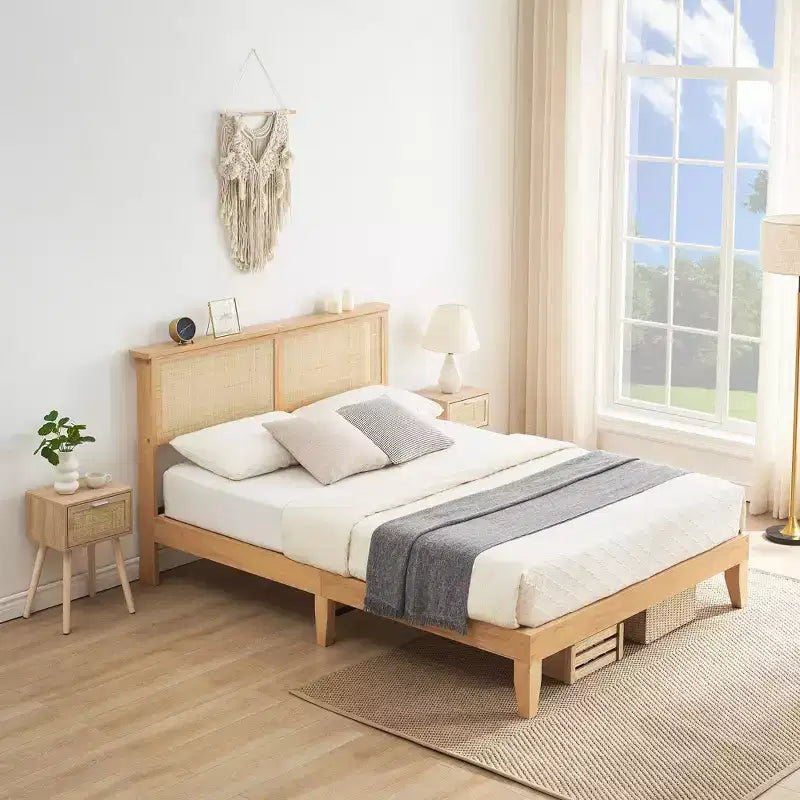Cadre de lit en bois de rotin arqué avec tête et pied de lit, tête de lit capitonnée moderne avec support de lattes en bois solides, aucun sommier tapissier requis