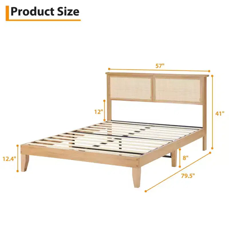 Cadre de lit en bois de rotin arqué avec tête et pied de lit, tête de lit capitonnée moderne avec support de lattes en bois solides, aucun sommier tapissier requis