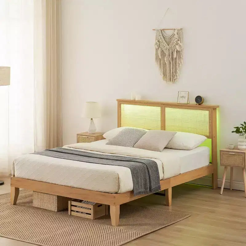 Cadre de lit en bois de rotin arqué avec tête et pied de lit, tête de lit capitonnée moderne avec support de lattes en bois solides, aucun sommier tapissier requis
