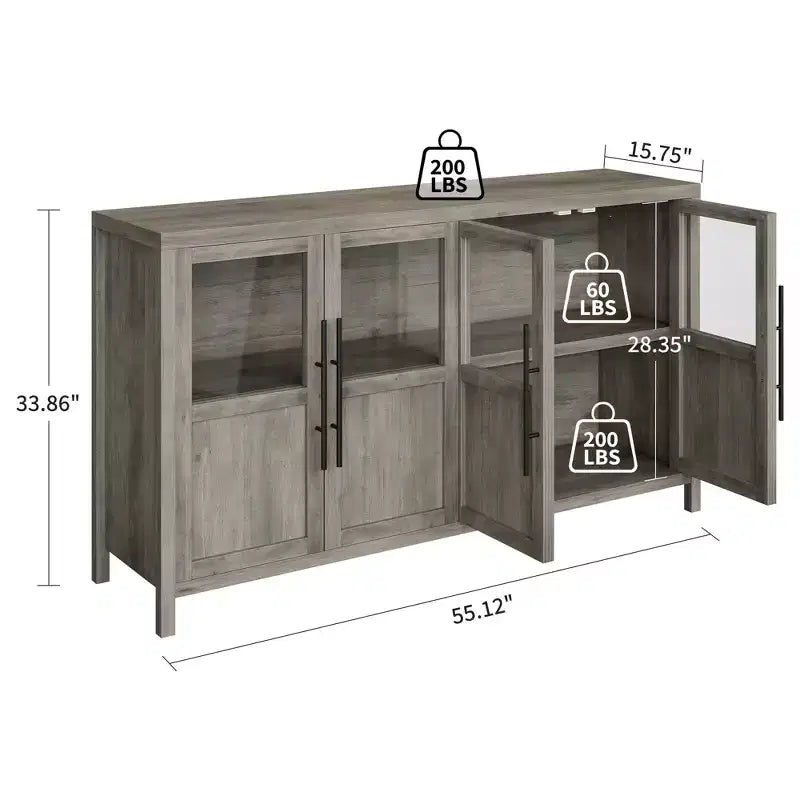 Buffet/Bahut rustique en bois de 55" avec portes vitrées, finition grain de bois naturel, rangement polyvalent pour cuisine, salle à manger et salon