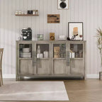 Buffet/Bahut rustique en bois de 55" avec portes vitrées, finition grain de bois naturel, rangement polyvalent pour cuisine, salle à manger et salon