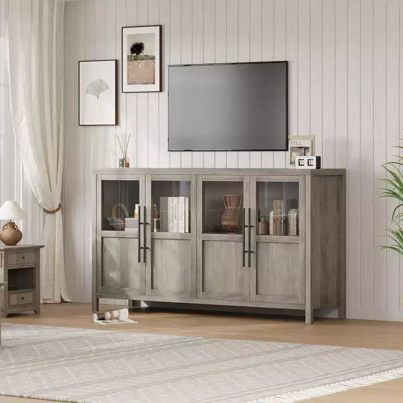 Buffet/Bahut rustique en bois de 55" avec portes vitrées, finition grain de bois naturel, rangement polyvalent pour cuisine, salle à manger et salon