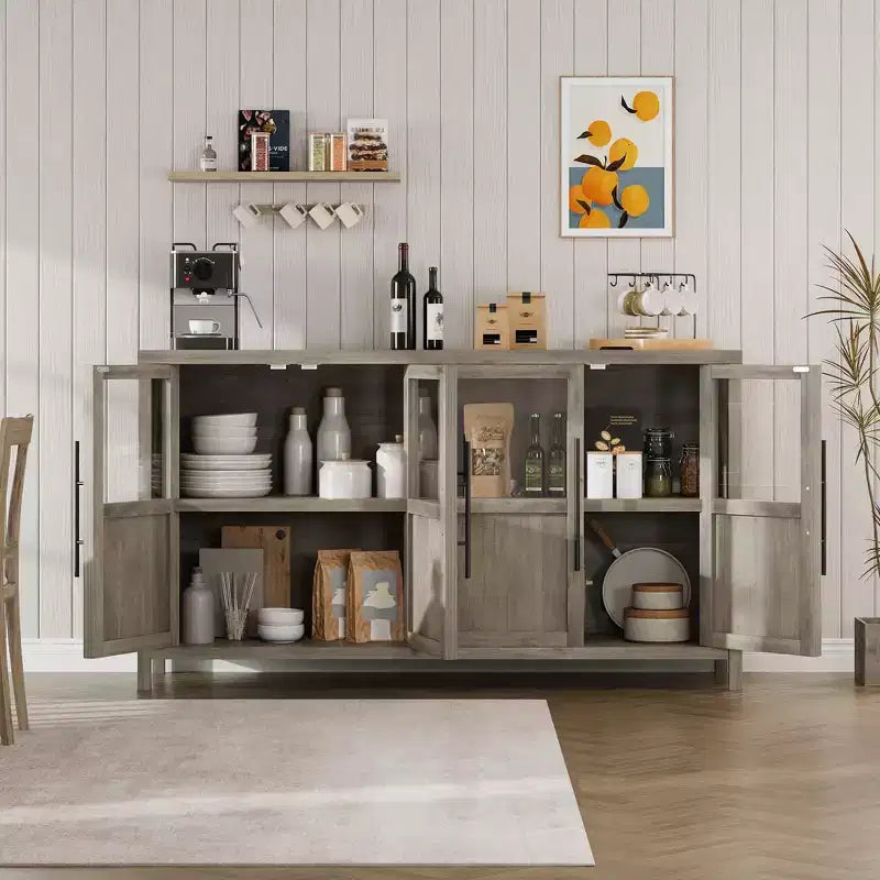 Buffet/Bahut rustique en bois de 55" avec portes vitrées, finition grain de bois naturel, rangement polyvalent pour cuisine, salle à manger et salon