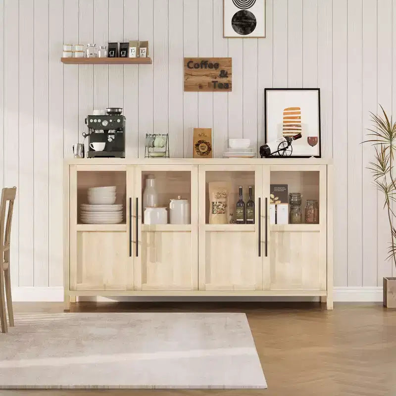 Buffet/Bahut rustique en bois de 55" avec portes vitrées, finition grain de bois naturel, rangement polyvalent pour cuisine, salle à manger et salon