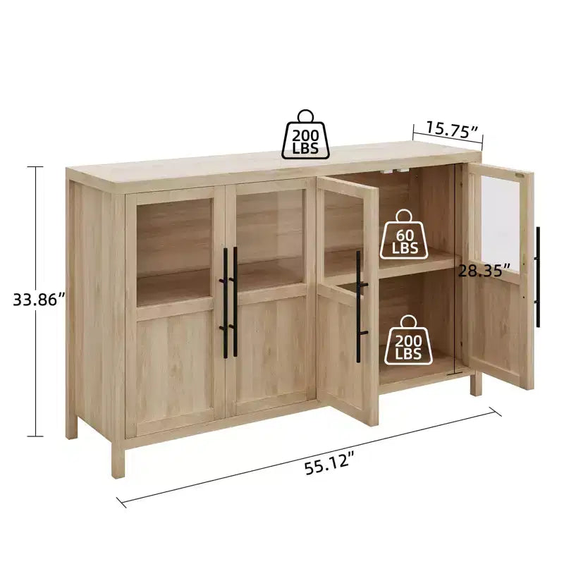 Buffet/Bahut rustique en bois de 55" avec portes vitrées, finition grain de bois naturel, rangement polyvalent pour cuisine, salle à manger et salon