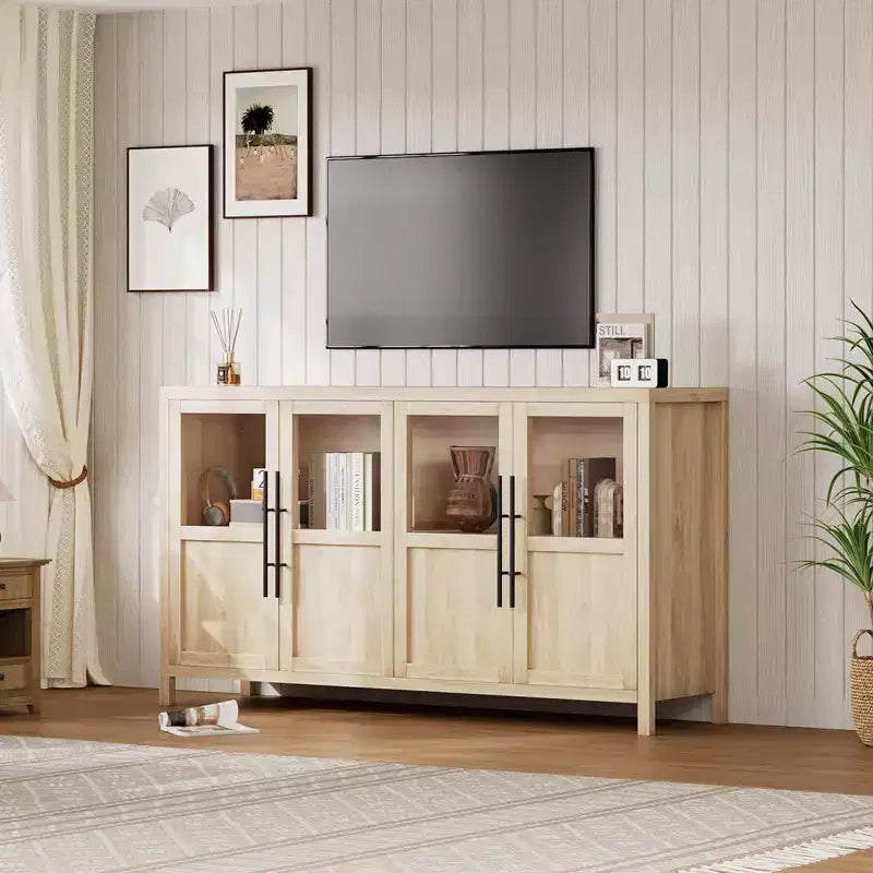 Buffet/Bahut rustique en bois de 55" avec portes vitrées, finition grain de bois naturel, rangement polyvalent pour cuisine, salle à manger et salon
