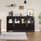 Buffet/Bahut rustique en bois de 55" avec portes vitrées, finition grain de bois naturel, rangement polyvalent pour cuisine, salle à manger et salon