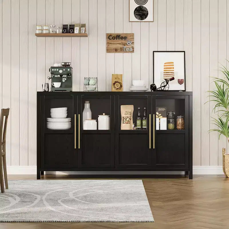 Buffet/Bahut rustique en bois de 55" avec portes vitrées, finition grain de bois naturel, rangement polyvalent pour cuisine, salle à manger et salon