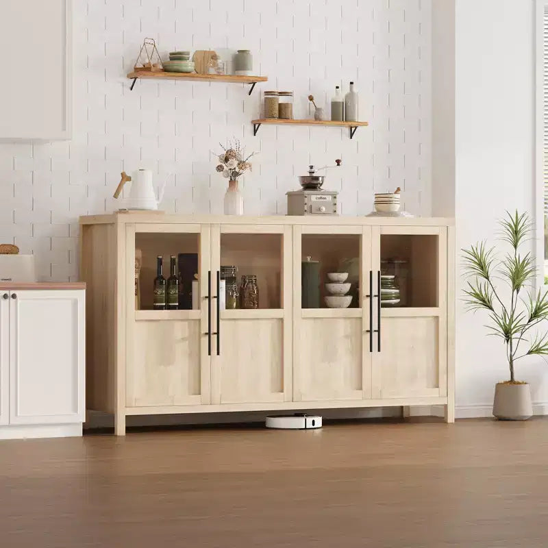 Buffet/Bahut rustique en bois de 55" avec portes vitrées, finition grain de bois naturel, rangement polyvalent pour cuisine, salle à manger et salon