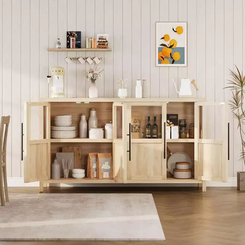 Buffet/Bahut rustique en bois de 55" avec portes vitrées, finition grain de bois naturel, rangement polyvalent pour cuisine, salle à manger et salon
