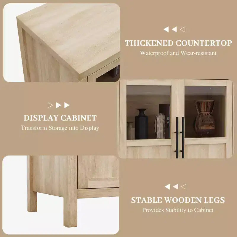 Buffet/Bahut rustique en bois de 55" avec portes vitrées, finition grain de bois naturel, rangement polyvalent pour cuisine, salle à manger et salon