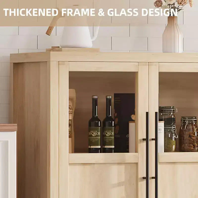 Buffet/Bahut rustique en bois de 55" avec portes vitrées, finition grain de bois naturel, rangement polyvalent pour cuisine, salle à manger et salon