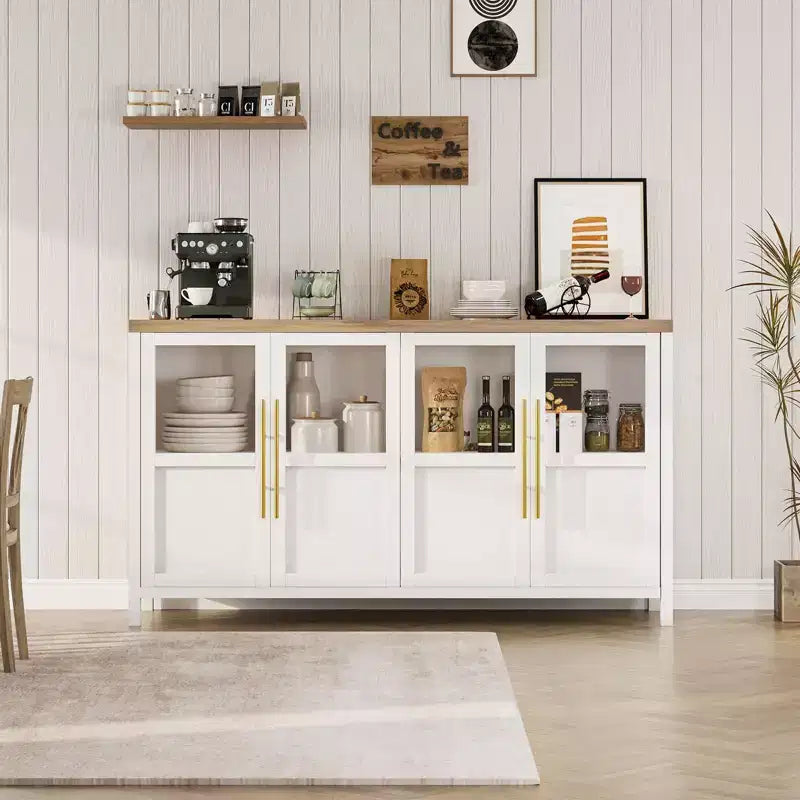 Buffet/Bahut rustique en bois de 55" avec portes vitrées, finition grain de bois naturel, rangement polyvalent pour cuisine, salle à manger et salon