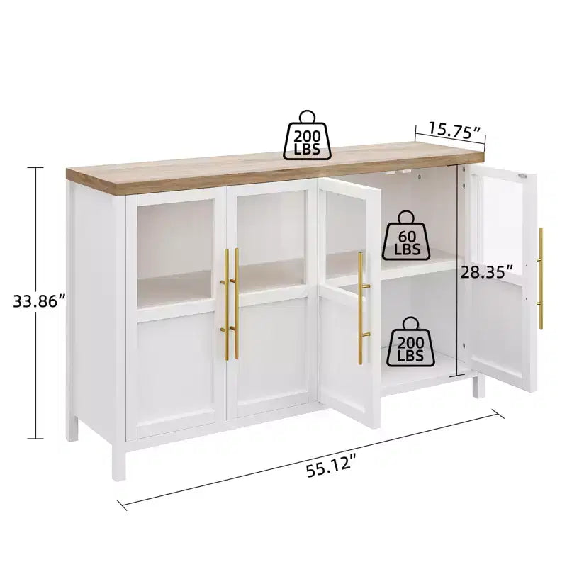Buffet/Bahut rustique en bois de 55" avec portes vitrées, finition grain de bois naturel, rangement polyvalent pour cuisine, salle à manger et salon