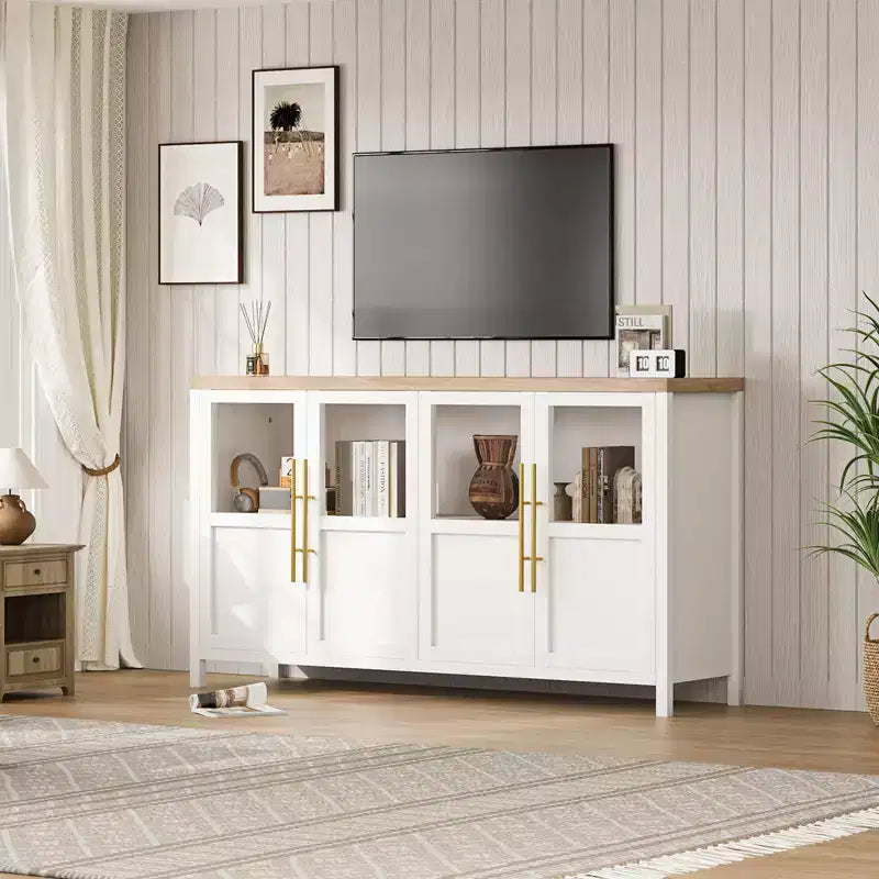 Buffet/Bahut rustique en bois de 55" avec portes vitrées, finition grain de bois naturel, rangement polyvalent pour cuisine, salle à manger et salon