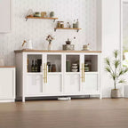 Buffet/Bahut rustique en bois de 55" avec portes vitrées, finition grain de bois naturel, rangement polyvalent pour cuisine, salle à manger et salon